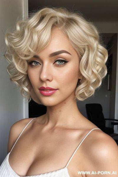 Attractive fluffy curly haired blonde, thick wide fluffy voluminous platinum blonde curly bob haircut, wide curly bobcut hair, blonde french japanese pin-up model photoshoot - ai-porn.ai - Japan - France on pornintellect.com