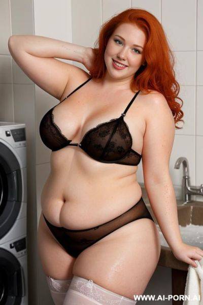 Half-length photo, as a setting in the laundry area, a fat chubby fat thick and bbw redhead caucasian, she is washing clothes and is soaked in foamy water. she has lovehandless and a soft - ai-porn.ai on pornintellect.com