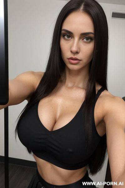 Woman, athletic, massive breast, long hair, micro black skirt, micro black crop top, selfie, - ai-porn.ai on pornintellect.com