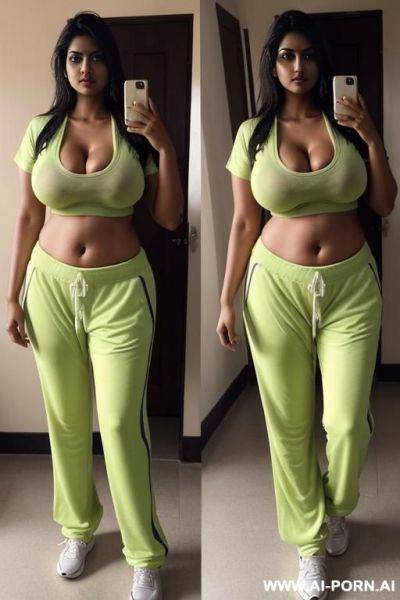 Tall indian woman with gigantic boobs, heavily sweating, very tall, massive boobs, wearing sportsshirt and sweatpants, deep cleavage, oiled body, beautiful face - ai-porn.ai - India on pornintellect.com