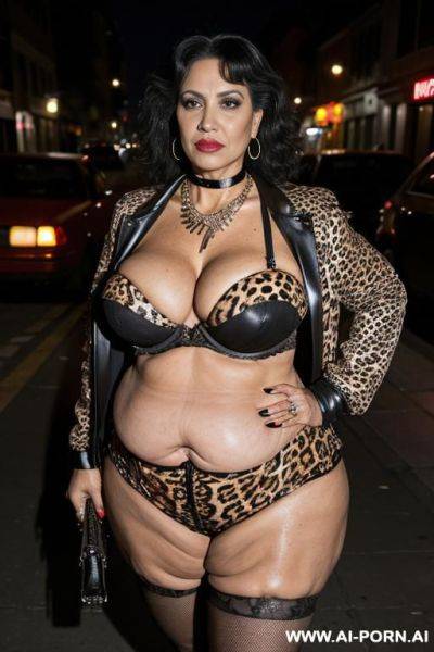 Latina, old milf, animal print hooker outfit, necklace, chocker, crop short jacket, elry, street night, waist shot - ai-porn.ai on pornintellect.com