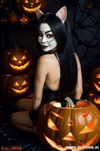 Thai woman, (((halloween))), ((halloween party)), ((halloween costume)), tails, 20 years old, fit, huge breasts, bouncy boobs, party with friends, night party, demon tails, cat ears, makeup, pumpkin lantern - ai-porn.ai - Thailand on pornintellect.com