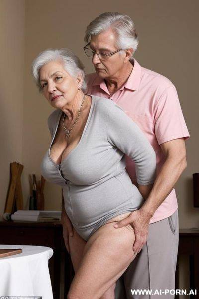 A grandmother is bent over kneading while her male tutor approaches her from behind groping her breasts and pushing his hips on her buttocks - ai-porn.ai on pornintellect.com
