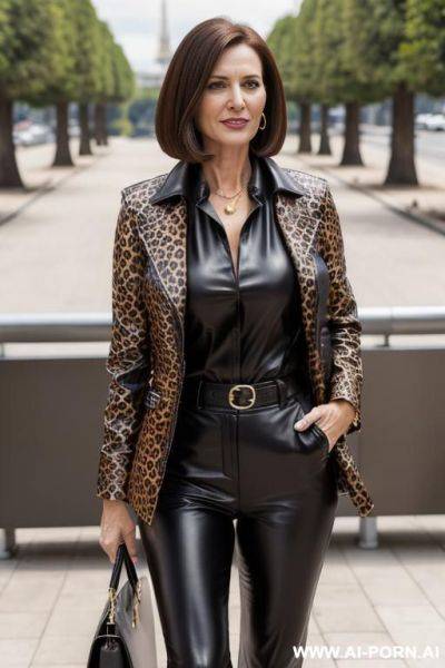 Leopard pattern leather coat, black leather trousers, high resolution picture, very detailled face, highly closed blouse, on a sunny terrace - ai-porn.ai on pornintellect.com