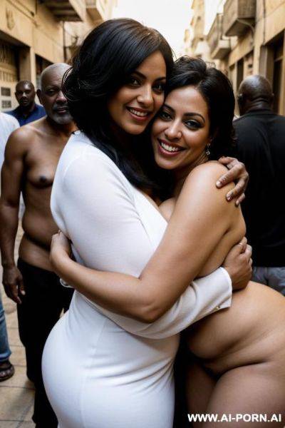 Smiling curvy busty white egyptian wife with messy short hair fully naked hugged from many old black homeless men in street - ai-porn.ai - Egypt on pornintellect.com