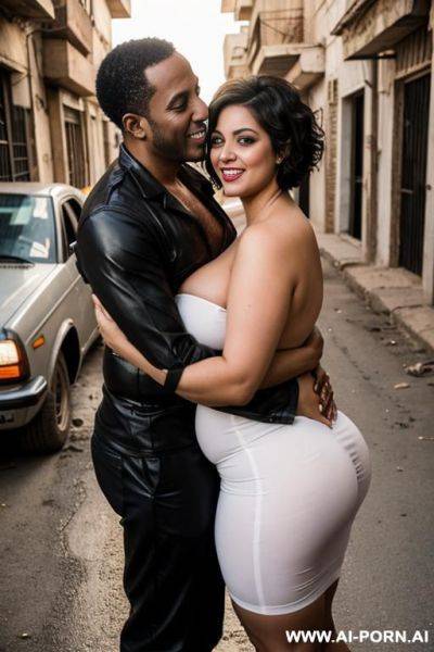 Smiling curvy busty white egyptian wife with messy short hair fully naked hugged from old black mechanic in street - ai-porn.ai - Egypt on pornintellect.com