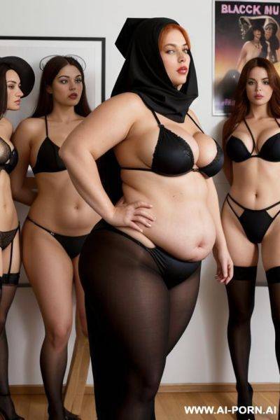 The image shows a group of women in a line, all dressed in black, tight clothes with giant breasts and covered heads. they appear to be standing at attention, facing ford. a man, also - ai-porn.ai on pornintellect.com