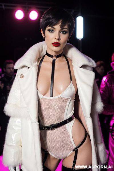 Pixie cut brunette in all white latex fetish harness, fishnet bodysuit, and a fur coat, in a rave party in a red light. with lipstick, and a thick choker, with gloves and thigh high boots. - ai-porn.ai on pornintellect.com