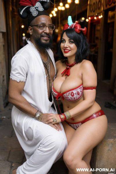 Smiling curvy busty white egyptian wife with messy short hair fully naked sitting on the lap of old black homeless man - ai-porn.ai - Egypt on pornintellect.com