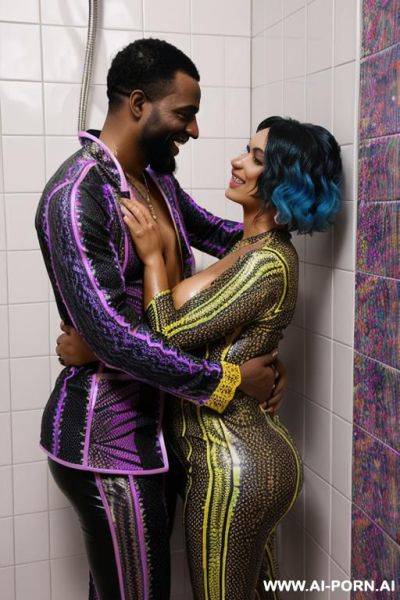 Smiling curvy busty white egyptian wife with messy short hair fully naked hugged from old black homeless man in shower - ai-porn.ai - Egypt on pornintellect.com