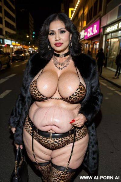 Fat old milf, animal print hooker outfit, gigantic huge saggy boobs, necklace, chocker, elry, street night, waist shot - ai-porn.ai on pornintellect.com