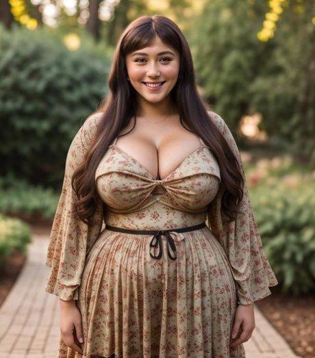 Fat brunette AI generated honey displays her massive melons outdoors - pornpics.com on pornintellect.com