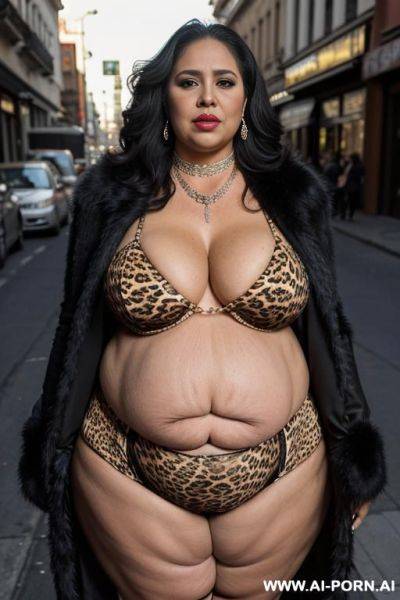 Latina, fat old milf, animal print hooker outfit, gigantic huge saggy boobs, necklace, chocker, elry, street night, waist shot - ai-porn.ai on pornintellect.com