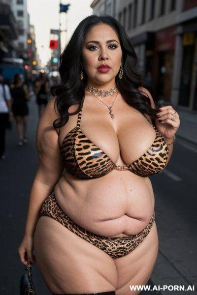 Latina, fat old milf, animal print hooker outfit, huge saggy boobs, necklace, chocker, elry, street night, waist shot - ai-porn.ai on pornintellect.com