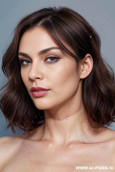 Perfectly shaped face, strong jawline, high cheekbones, pointy chin, plump puffy lips, sexy face, front view, id photo, looking at viewer, blue purplish eye colour - ai-porn.ai on pornintellect.com