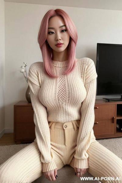 Half-japanese and half-korean and 15cm tall, wearing a cream-colored cable-knit sweater, a matching cream-colored corduroy pants which accentuatets her slender legs and a pair of plush socks. her - ai-porn.ai - Japan - North Korea on pornintellect.com