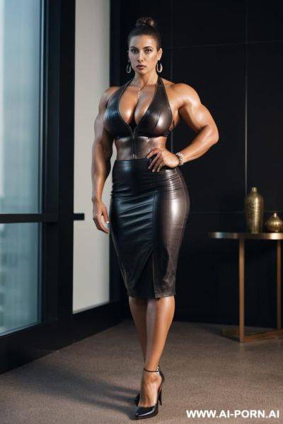 Big, strong body building latin lady in leather business suit, leather skirt, hair bun, posh style, posh setting, nylons, high heels, looking into camera - ai-porn.ai on pornintellect.com