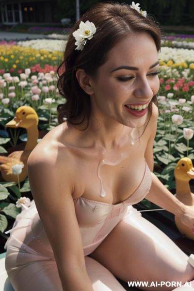 ((topless woman riding on a large duck)) ((in a flower garden)) - ai-porn.ai on pornintellect.com