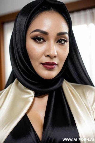 Indonesian, fashioned black silk hijab, wearing fashioned silk hijab, close up face. seductive romantic face. at night - ai-porn.ai - Indonesia on pornintellect.com