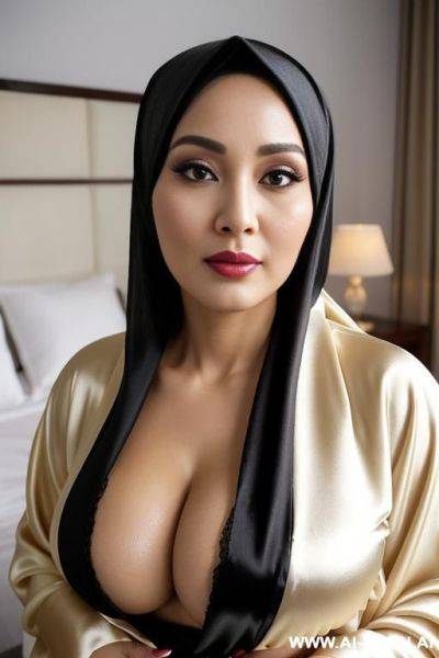 Indonesian, fashioned black silk hijab, wearing fashioned silk hijab, close up face. - ai-porn.ai - Indonesia on pornintellect.com