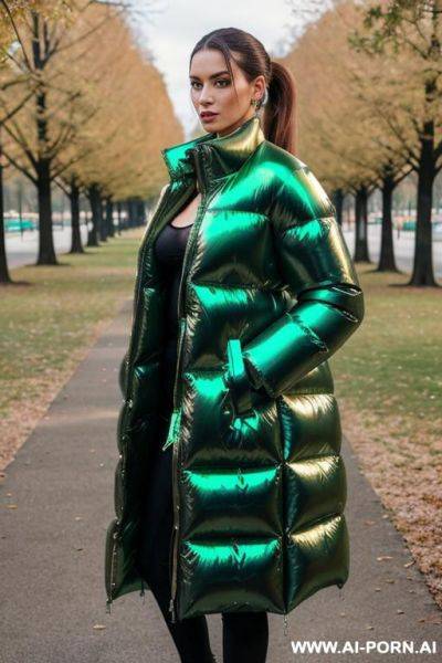 Brunette standing in park , (((gigantic oversized shiny green puffer coat))), eye contact - ai-porn.ai on pornintellect.com