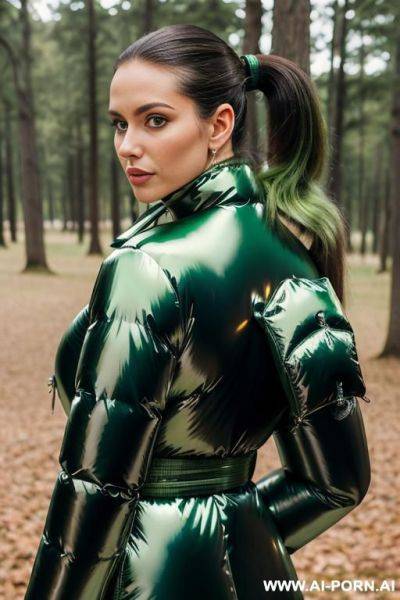 Brunette leaning with back against tree, (((gigantic oversized shiny green puffer coat))), eye contact - ai-porn.ai on pornintellect.com