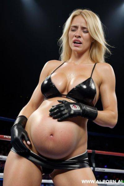 Pregnant blue eyed blonde boxer with gloves crying in the arena ring with black bruise on her belly - ai-porn.ai on pornintellect.com