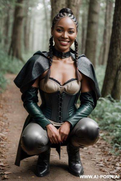 Eye contact leather corset green knee breeches ankle boots grey cloak forest path - ai-porn.ai on pornintellect.com