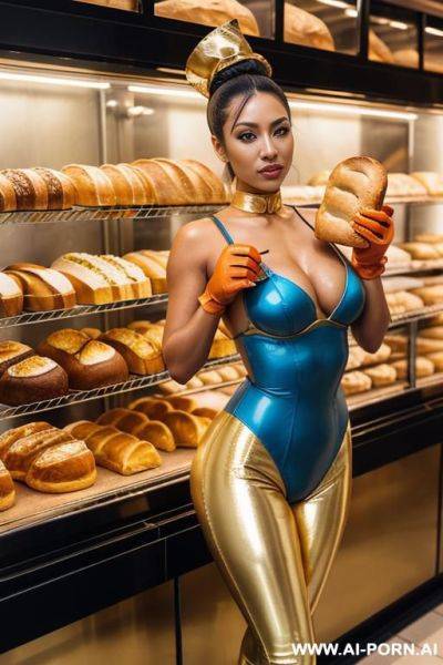 Gold and light blue, latex, tanned asian, bunny woman leotard with leggings, gold ponytail, long gloves, - ai-porn.ai on pornintellect.com