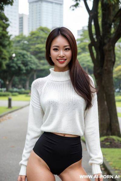 (top a white sweater), bottom a high leg panties, very wide thighs , (white knee-high socks), front view, very wide waist, very thick thighs, very thick waist - ai-porn.ai on pornintellect.com