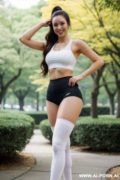 (top a sports bra), bottom a high leg panties, very wide thighs , (white knee-high socks), front view, very wide waist, very thick thighs, very thick waist - ai-porn.ai on pornintellect.com