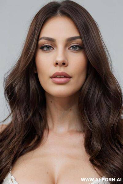 Id photo style picture, miss universe supermodel, beautiful face, big full lips, high cheekbones, pointy chin, strong jawline, purplish blue eyes, very long flowing hair, sexy gorgeous face, strong jawline, facing camera, model face, - ai-porn.ai on pornintellect.com
