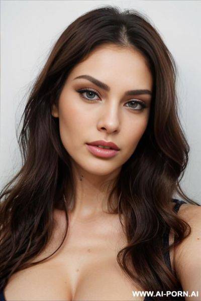 Id photo style picture, miss universe supermodel, beautiful face, latina, big full lips, high cheekbones, pointy chin, strong jawline, purplish blue eyes, very long flowing hair, sexy gorgeous face, strong jawline, facing camera, - ai-porn.ai on pornintellect.com