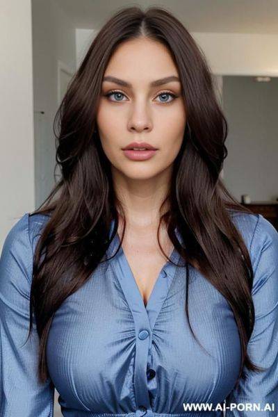 Id photo style, square shaped face, big full puffy lips, high cheekbones, pointy chin, strong jawline, purplish blue eyes, very long flowing hair, strong jawline, facing camera, - ai-porn.ai on pornintellect.com