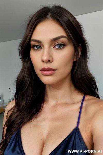 Id photo style, square shaped face, big full puffy lips, high cheekbones, pointy chin, strong jawline, purplish blue eyes, very long flowing hair, rectangular shaped face, strong jawline, facing camera, - ai-porn.ai on pornintellect.com