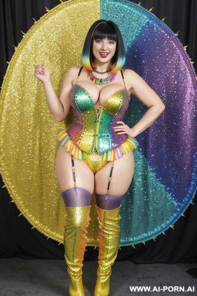 Japanese，rainbow sequin corset，tutu skirt， mesh robe，rainbow sunny yellow sequin bra ,necklace，rainbow print large pointed thigh-high boots - ai-porn.ai - Japan on pornintellect.com