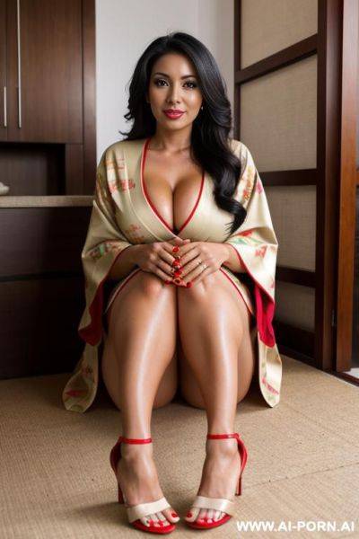 Beautiful busty, tan colombian woman wear kimono, full body till feet, red toes, ankle strap heels, - ai-porn.ai - Colombia on pornintellect.com