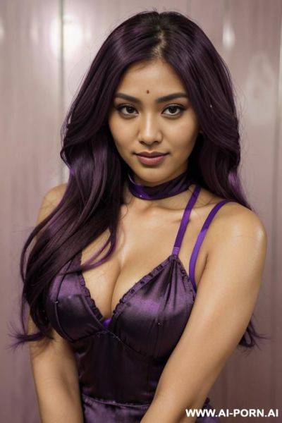 Sei-ra sodesh-iro, elaborate very long purple hair, sugar wife, pretty look, tanned, big glossy eyes, lively expression, - ai-porn.ai on pornintellect.com