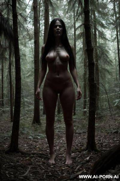 Dark forest, totally naked lady, barefoot, hiding, horror movie, full frontal view - ai-porn.ai on pornintellect.com