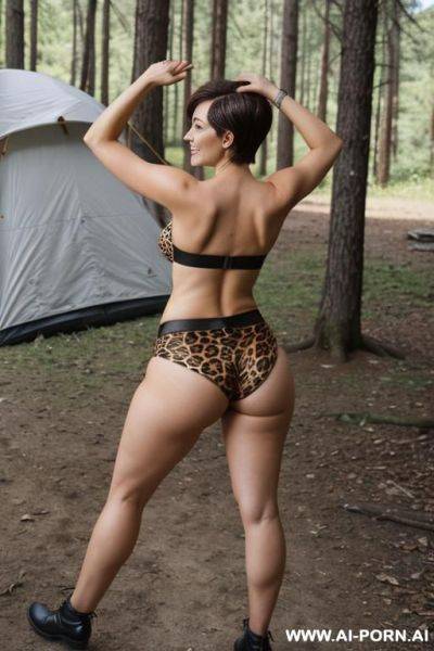 Keep face, keep hair, curvy, big ass, big hips, hourglass figure, looking at camera, leopard satin strapless bra, leopard satin thong panties, arms up, hands up, camping in a t, legs crossed - ai-porn.ai on pornintellect.com