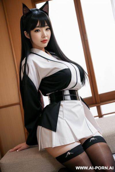 Japanese woman uniform, japanese uniform, thighhighs and skirt, cat ears and tail, white stockings, front view, full body shot, long black hair, park, nsfw, wide thighs, wide waist, thick thighs, - ai-porn.ai - Japan on pornintellect.com