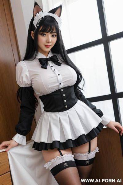 Japanese frilly outfit uniform, thighhighs and skirt, cat ears and tail, white stockings, front view, full body shot, long black hair, park, nsfw, wide thighs, wide waist, thick thighs, thick - ai-porn.ai - Japan on pornintellect.com