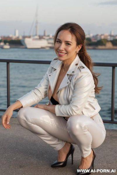 Beautiful woman, french, medium hight, mid 20s, short wavy ponytail, natural boobs, natural big ass, old french city and sea in background, light blue leather jacket, white leather pants, black shoes - ai-porn.ai - France on pornintellect.com