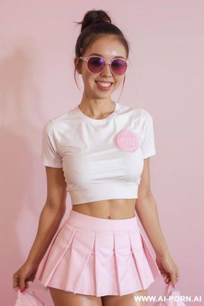 Milf, european, boobs, sports wear , fit, sunglasses on head, neckline t-shirt yellow, hayr wet brown ,skin wet, high hells ,road - ai-porn.ai on pornintellect.com