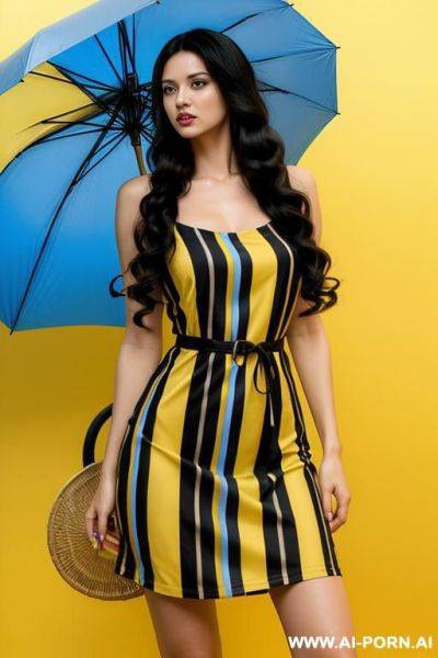 Woman long hair short yellow blue striped dress yellow blue background yeelow umbrella - ai-porn.ai on pornintellect.com