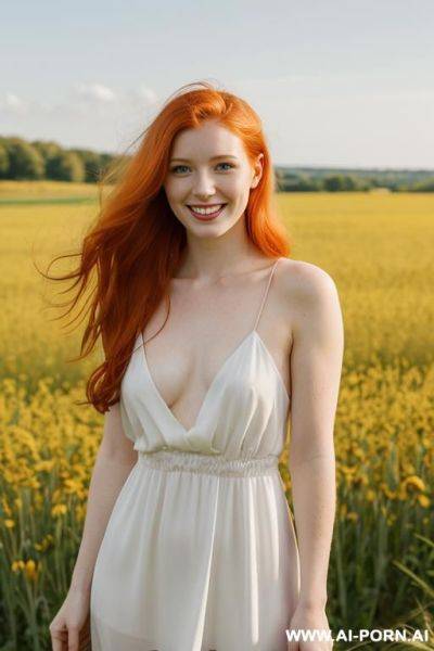 Seductive lady, pulling down her springtime dress above the head, field - ai-porn.ai on pornintellect.com