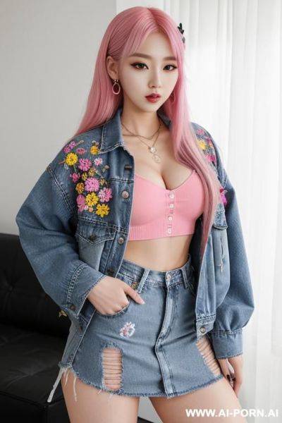 Half-japanese and half-korean and 15cm tall, wearing a boldly colored k-pop idol outfit including a high-waisted plaid pattern skirt. the plaid pattern is bold and eye-catching including colors like - ai-porn.ai - Japan - North Korea on pornintellect.com