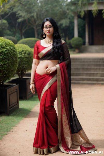 Pale skin, cute, beautiful, indian woman, round glasses, round boobs, red saree, chubby, full body - ai-porn.ai - India on pornintellect.com