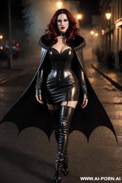 Long hair, tight elegant leather dress, leather lingerie, long black leather cape with fur collar, high heels visible - ai-porn.ai on pornintellect.com