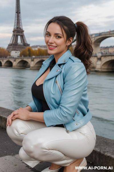 Beautiful woman, french, medium hight, mid 20s, short wavy ponytail, natural boobs, natural big ass, old french city and river in background, light blue leather jacket, white leather pants, winter, snow on ground - ai-porn.ai - France on pornintellect.com